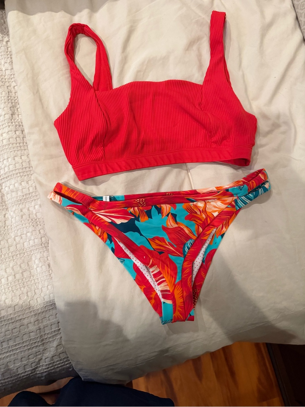 Body Glove Red Ribbed Bikini Top with Tropical Multi-Color Bottoms